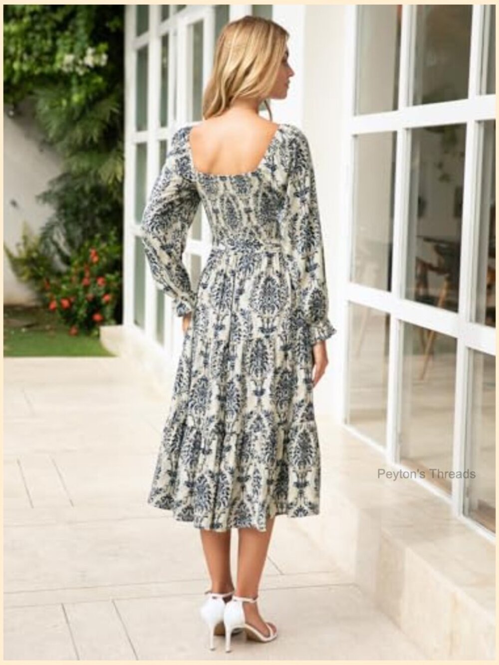 Long Sleeve Maxi Dress Square Neck Smocked Flowy Tiered Wedding Guest - Picture 6 of 7